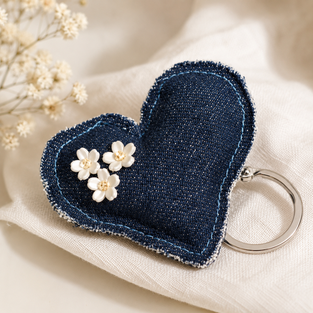 Rejean Heart-Shaped Denim Keychain – Handmade Cute Bag Charm & Key Holder
