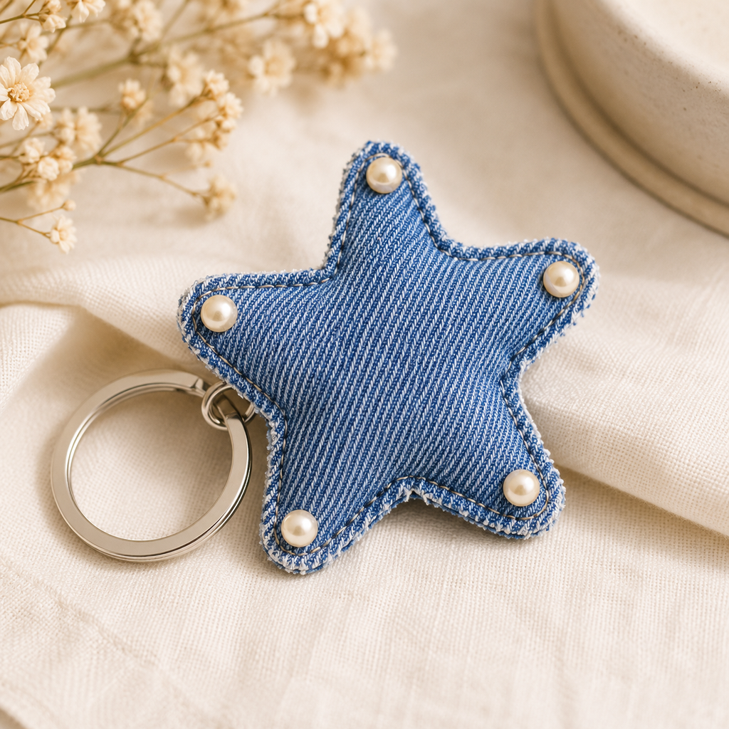 Rejean Star-Shaped Denim Keychain – Handmade Cute Bag Charm & Key Holder