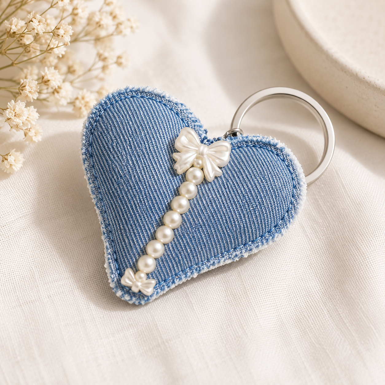 Rejean Heart-Shaped Denim Tassel Keychain – Handmade Bag Charm & Key Holder