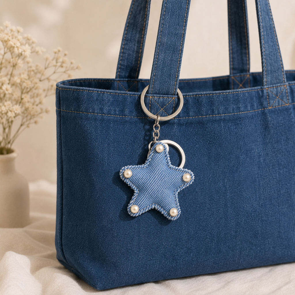 Rejean Star-Shaped Denim Keychain – Handmade Cute Bag Charm & Key Holder