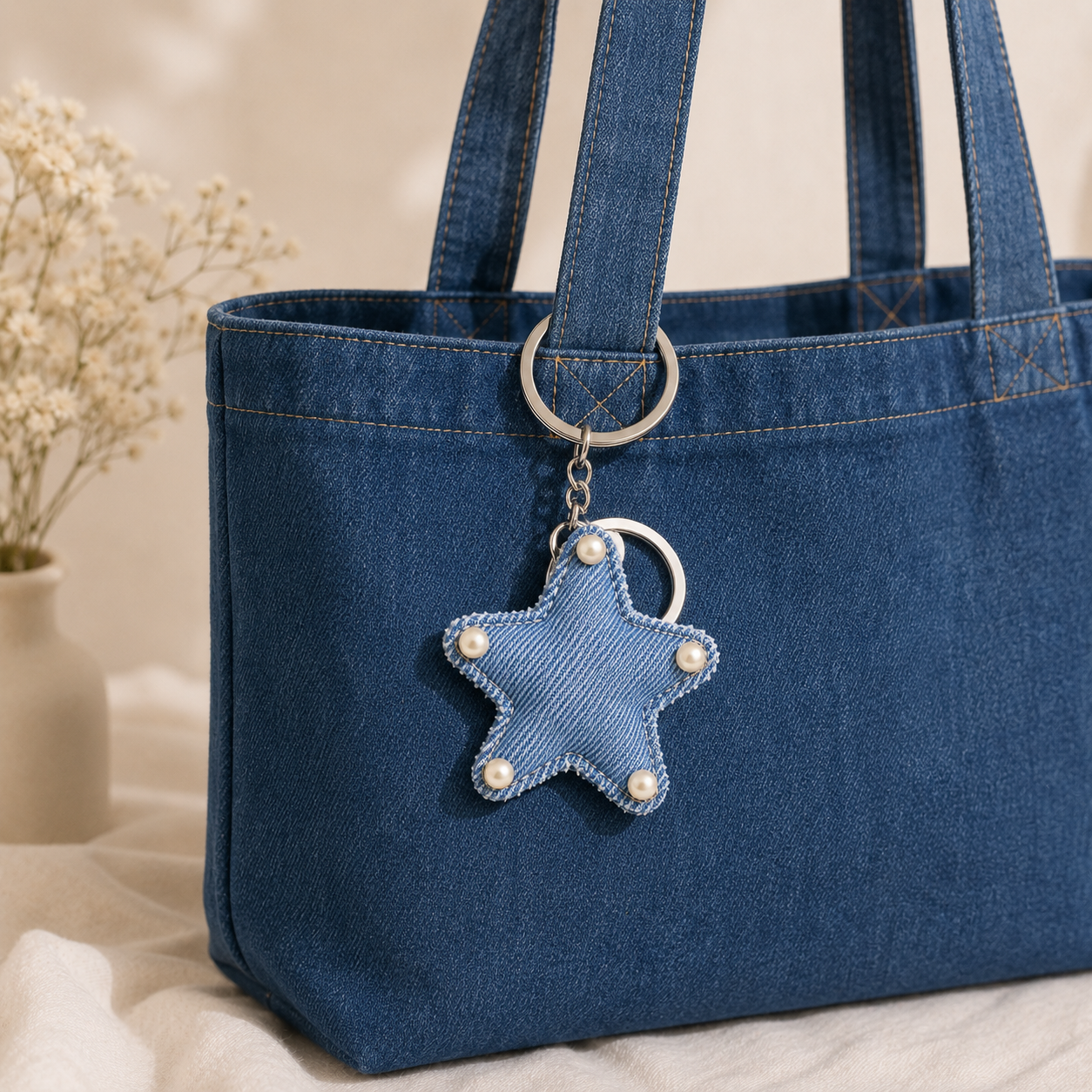 Rejean Star-Shaped Denim Keychain – Handmade Cute Bag Charm & Key Holder