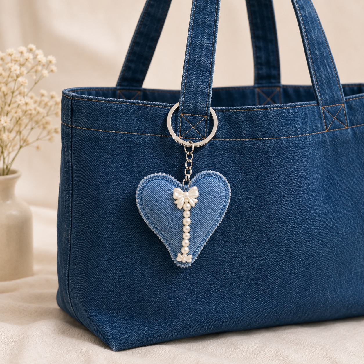 Rejean Heart-Shaped Denim Tassel Keychain – Handmade Bag Charm & Key Holder