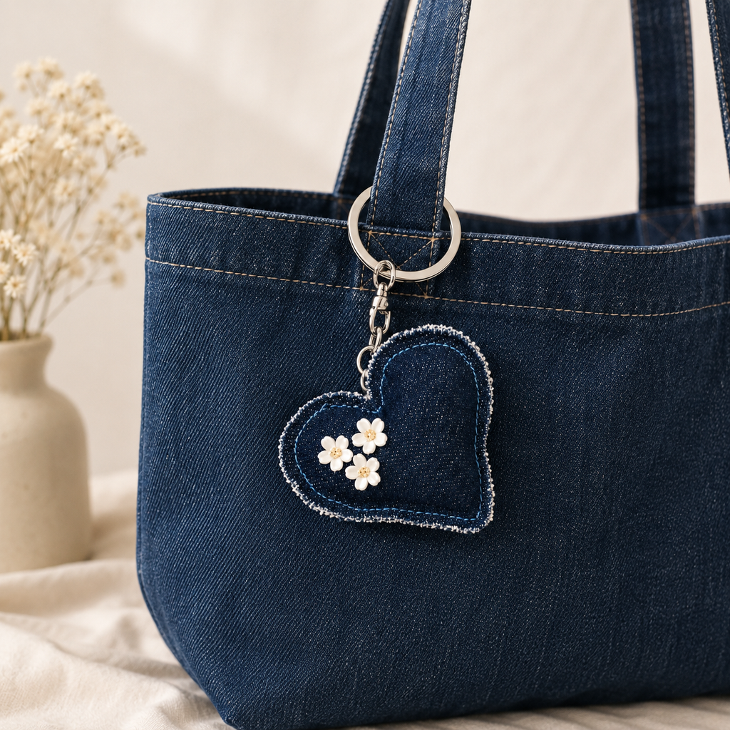 Rejean Heart-Shaped Denim Keychain – Handmade Cute Bag Charm & Key Holder